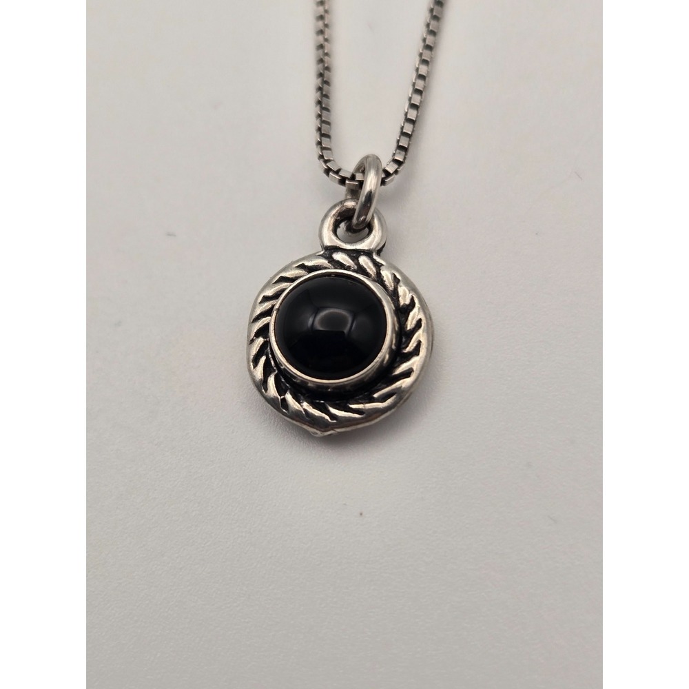 Sterling Silver USA Black Onyx Round Rope Detail Pendant 16" Box Chain Necklace